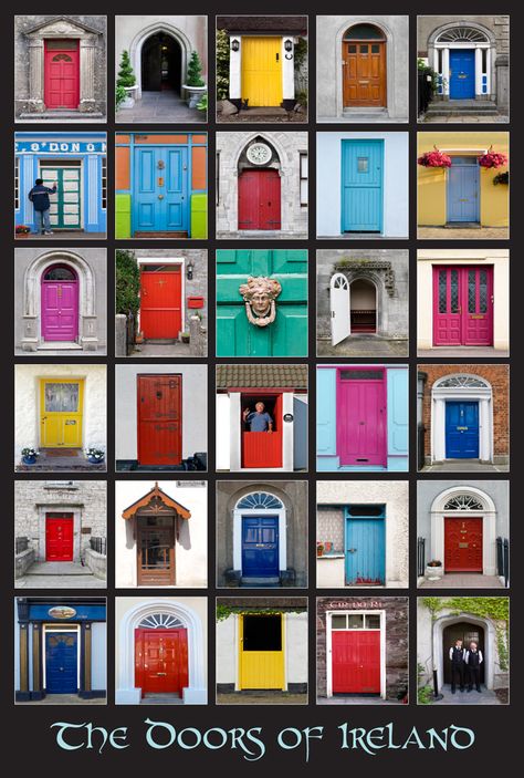 The doors of Ireland Doors Poster, Irish Doors, Solidor Door Chartwell Green, Dublin Doors, Ireland Poster, Doors Of Ireland, Irish Welcome Sign Front Doors, Door Poster, Aqua Paint