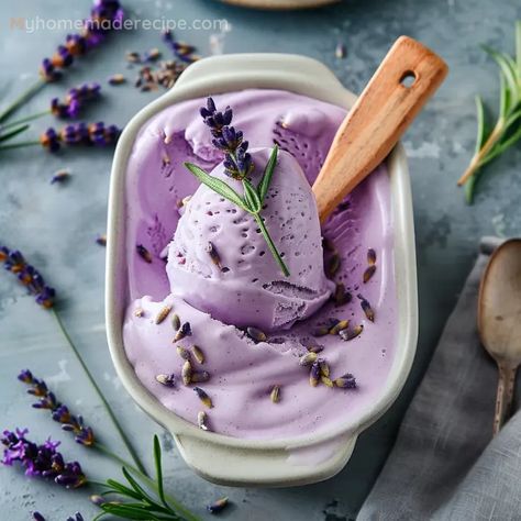 Creamy Lavender Ice Cream Recipe - My Home Made Recipe Lavender Ice Cream Recipe Homemade, Lavender Ice Cream Recipe, Lavender Sorbet, Ice Cream Lavender, Vegan Lavender Ice Cream, Lavender Ice Cream Aesthetic, Frozen Custard Recipes, Cream Jello, Lavender Honey Ice Cream