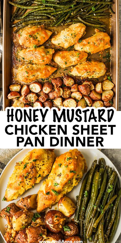 Roasted Pan Dinners, Honey Dijon Chicken Sheet Pan, Quick Easy Family Dinners Healthy, Green Beans Chicken Potatoes, Chicken 1 Pan Recipes, Sheet Pan Dinners Green Beans, Chicken Potato And Green Beans, Healthy Dinner Recipes Whole Foods, Honey Mustard Chicken Sheet Pan Dinner