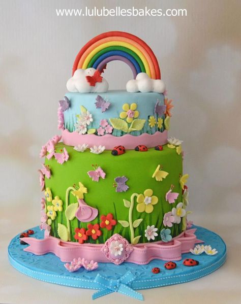 this is probably one of the “happiest” cakes I’ve made with so much going on – 6 layered rainbow sponge, lots of flowers and butterflies, families of ladybirds, and of course, the rainbow. Inspiration of this cake is from the lovely The Cupcake... Ladybird Cake, Bug Cake, Rainbow Unicorn Cake, Butterfly Birthday Cakes, Rainbow Birthday Cake, Birthday Cake With Flowers, Spring Cake, 1st Birthday Cakes, Birthday Cakes For Women