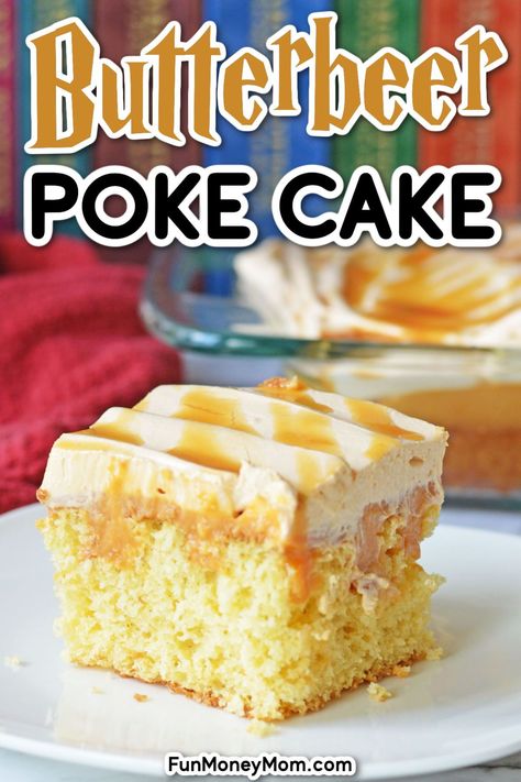 This Butterbeer Poke Cake Recipe is moist, delicious and loaded with butterscotch flavor. It makes a great Harry Potter cake for parties or movie nights (or just a fun decadent dessert for the family) Coffee Poke Cake Recipes, Butter Beer Cheesecake, Halloween Poke Cake, Butterbeer Cake Recipe, Peanut Butter Poke Cake, Butterbeer Cake, Butterscotch Desserts, Poke Cake Recipe, Butter Beer