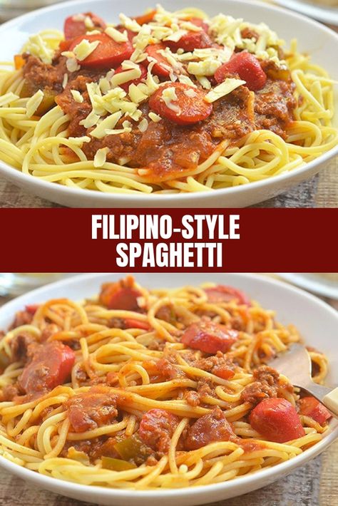 Filipino-style spaghetti is the Pinoy's interesting take on this Italian classic. With banana ketchup and hot dogs, and topped with cheese, it's not your ordinary bolognese! Pinoy Spaghetti Recipe, Spaghetti With Hot Dogs, Jollibee Spaghetti Recipe, Pinoy Spaghetti, Filipino Spaghetti Recipe, Filipino Ulam, Pilipino Recipe, Filipino Style Spaghetti, Filipino Party