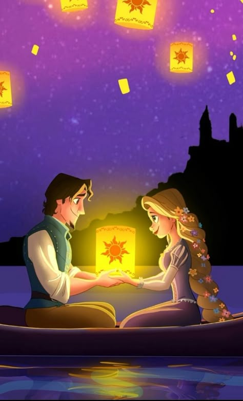 Disney Valentines Wallpaper, Tangled Fan Art, Tangled Fanart, Tangled Lanterns, Disney Romance, Easy Disney Drawings, Composition Painting, Painting Portraits, Boat Drawing