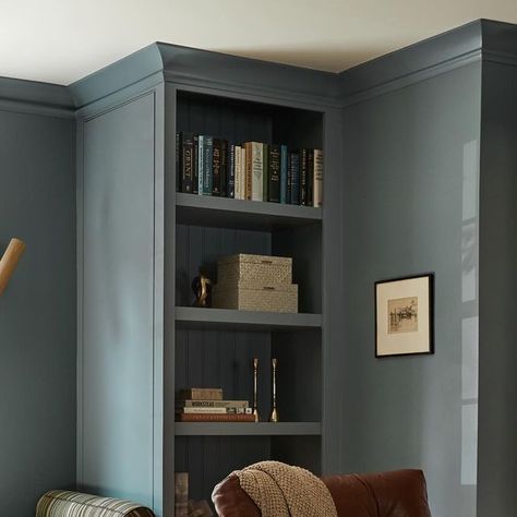 Moody Blue Room, Rehabitat Interiors, Blue Study Room, Dark Blue Study, Dark Teal Living Room, Dark Blue Office, Blue Bedroom Paint, Blue Library, Tahoe House