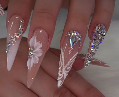 Blinged Out Almond Nails, Nail Designs With Gems Rhinestones, Diamond Birthday Nails, Bling Almond Nails Rhinestones, Almond Nails Bling, Encapsulated Nail Designs, Stiletto Nails With Gems, Bling Almond Nails, Stelitto Nails