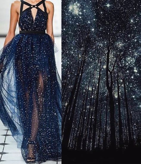 Space Inspired Fashion, Space Themed Dress Met Gala, Night Sky Inspired Dress, Blue Constellation Dress, Night Sky Dress, Galaxy Theme Fashion Show, Coven Dress, Lace Fabric Galaxy Inspired, Constellation Dress