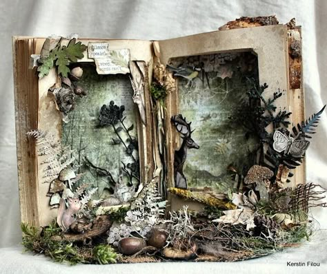 Scrapbook Dreams: Altered Book - In the Forest Hollow Book Ideas, Altered Book Tutorial, Book Carving Art, Dark Scrapbook, Altered Book Sculpture, Dark Academia Diy, Altered Books Ideas, Book Diorama, Art With Books