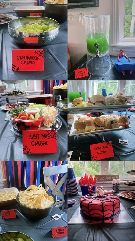 Spiderman Halloween Birthday Party, Marvel Birthday Party Food Ideas, Spiderman Themed Food Ideas, Outside Spiderman Birthday Party, Spiderman Party Foods, Spiderman Movie Night Food, Spiderman Backyard Party Ideas, Spidey And Friends 3rd Birthday, Spidey And His Amazing Friends Birthday Theme