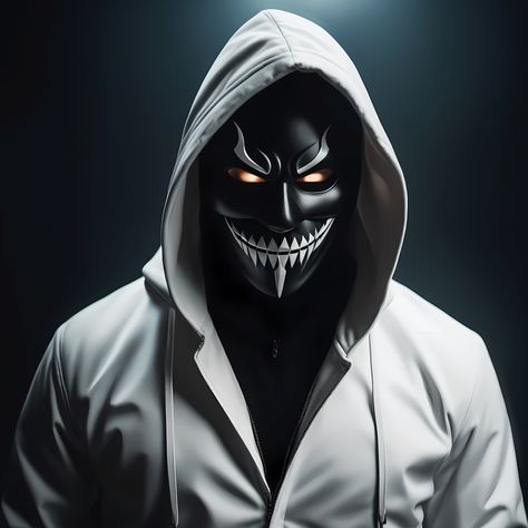 #Maniac in a demonic black mask and a white jacket with a hood Bike Status, Demon Mask, Free Fire Hip Hop Bundle Photo, Back Tats, Apple Wallpapers, Joker Images, Apocalypse Art, Hacker Wallpaper, Action Game