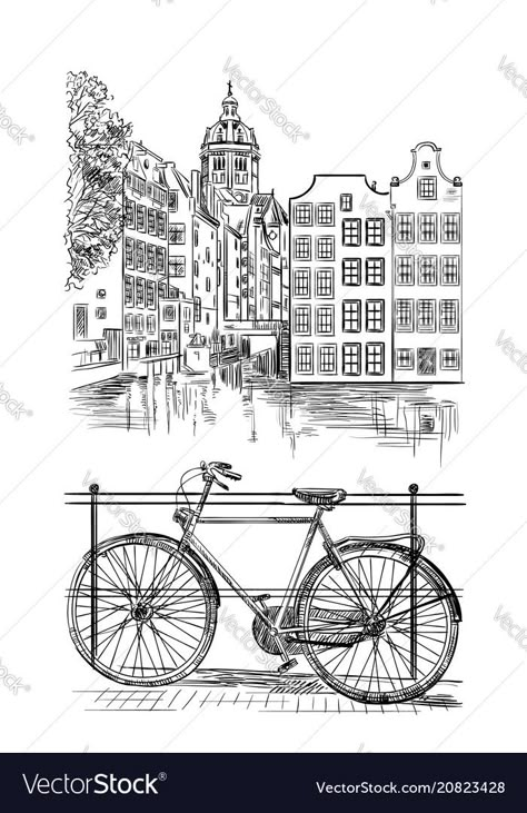 Amsterdam Outline, Amsterdam Sketch, Amsterdam Landscape, Amsterdam Drawing, Windmill Drawing, Amsterdam Bike, Bike Drawing, Amsterdam Canals, Travel Theme