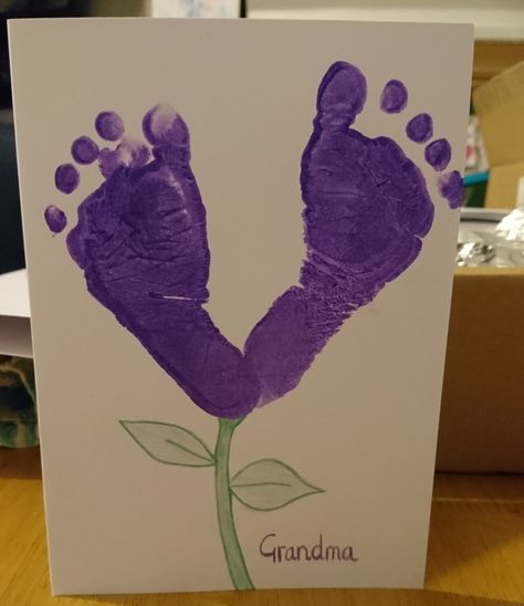 Footprint For Grandma, Footprint Birthday Card Grandma, Baby Footprint Art Infants Butterfly, Mother’s Day Card Footprint, Baby Feet Mother’s Day Card, Card For Grandma, Purple Crafts, Room Crafts, Toddler Classroom