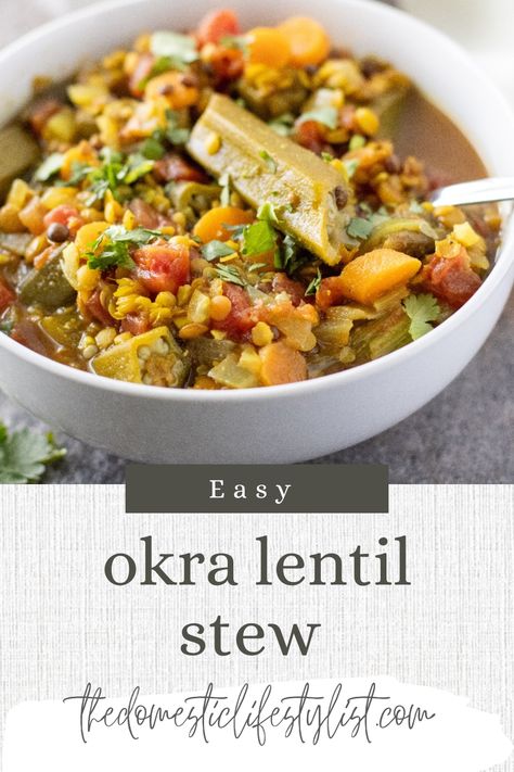 Okra lentil stew blends tender okra, hearty lentils, and aromatic spices into a comforting dish bursting with flavor and nutrition. Okra And Lentils, Okra Recipes Soup, Middle Eastern Okra Stew, Okra And Rice Recipes, Smothered Okra Recipes, Okra Rice Recipes, Betr Recipes, Stewed Okra, Okra Soup Recipe