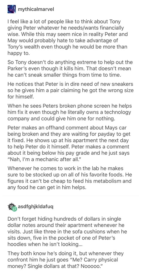 Soft Tony Stark, Avengers X Tony, Marvel Headcanon Spiderman, Tony Stark Prompts, Tony Stark Tumblr, Irondad And Spiderson Headcanons, Peter Parker Headcanon, Tony Stark Headcanon, Loki X Tony