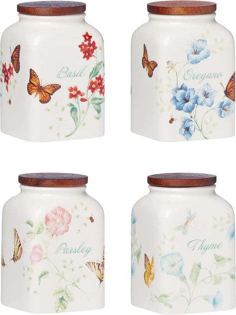 Spice Jar Set, Wood Butterfly, Lenox Butterfly Meadow, Kitchen Canisters, Spice Jars, Acacia Wood, Kitchen Storage Organization, Bumble Bee, Tops Designs