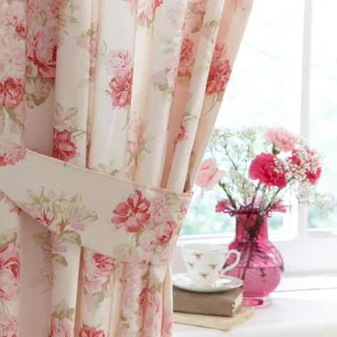 How to add vintage decor to your home  http://blog.fashionandyou.com/how-to-add-vintage-decor-to-your-home/ Raspberry Cottage, Cranberry Bliss, Rose Curtains, Pink Cottage, Shabby Chic Curtains, Shabby Chic Living, Shabby Chic Living Room, Cottage Charm, Shabby Chic Interiors