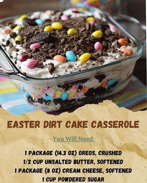 Jamie Oliver Familly ! | Easter Dirt Cake Casserole | Facebook Easter Dirt Cake Casserole, Easter Dirt Cake, Dessert Easter, Dirt Cake, Homemade Recipes Dessert, Crushed Oreos, No Cook Desserts, Brownie Cake, Easter Dessert