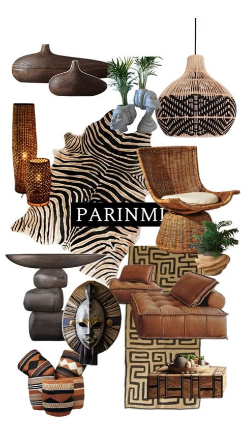 Collage of modern african home decor inspo African Style Home Decor, African Aesthetic Decor, African Modern Living Room, African Modernism Interior, African Gallery Wall Ideas, Modern West African Decor, Modern Afrocentric Decor Living Rooms, Afrofuturism Home Decor, Africa Style Interior