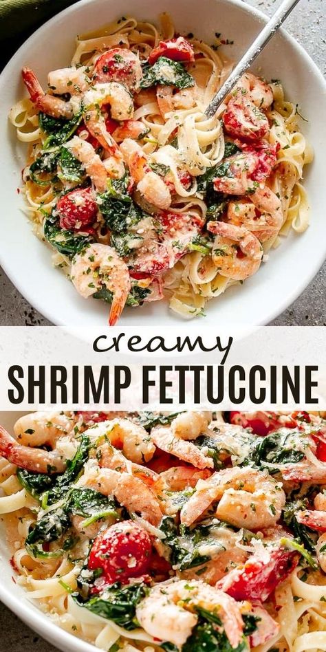 Whip up this Creamy Shrimp Fettuccine Pasta coated in a light and creamy sauce mixed with spinach and cherry tomatoes for a quick and delicious weeknight dinner! Shrimp Recipes For Dinner Pasta Cherry Tomatoes, Creamy Shrimp Fettuccine Pasta, Creamy Shrimp And Spinach Pasta, Pasta With Shrimp And Tomatoes, Creamy Fettuccine Pasta, Pasta With Shrimp And Spinach, Shrimp Fettuccine Recipes, Shrimp Pasta Recipes Creamy, Diethood Recipes