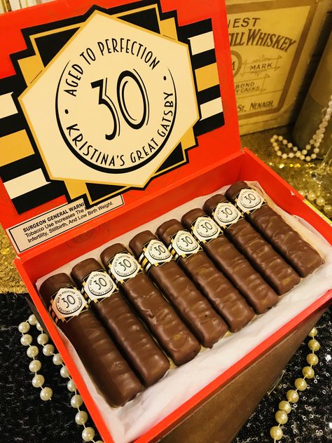 Twix Cigars Party Ideas, Cigars Theme Party, Gatsby Party For Men, 30th Birthday Great Gatsby Theme, Grate Gatsby Outfits, 30th Great Gatsby Birthday, Great Gatsby 30 Birthday Party, Roaring 60s Party, Gatsby Themed Party Food