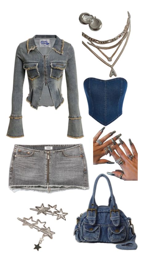 cute denim y2k outfit for aesthetic silver girls Denim Y2k Outfit, Bratz Aesthetic Outfit, Fame Clothes, Yk2 Outfits, Aesthetic Outfits Y2k, Teen Swag Outfits, 2000s Fashion Outfits, Cute Simple Outfits, Really Cute Outfits