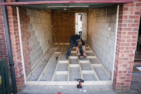 Garage Conversion - securing floor joists | Partially raised… | Flickr Diy Garage Conversion, Garage Room Conversion, Garage Conversion To Family Room, Garage Bedroom Conversion, Garage Extension, Garage Transformation, Garage To Living Space, Concrete Garage, Garage Floor Paint