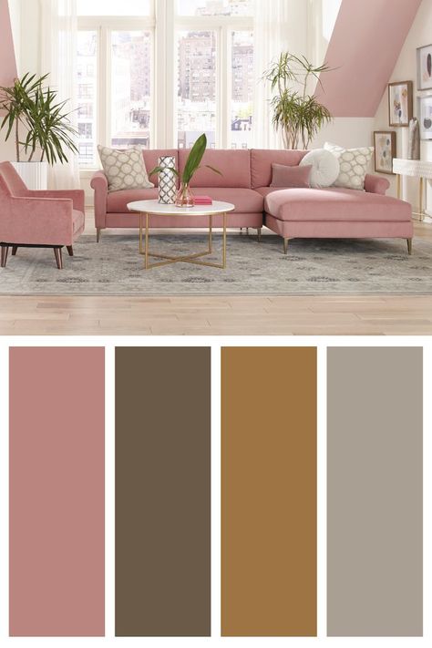 Make your living room stand out with a unique and bright color at the forefront of your design. A bold color like pink will bring a fantastic look, while neutral accent colors will complement it. Better yet- customize this Jonathan Louis sofa into whatever color best shows your personality! Peach Sofa Living Room Ideas, Peach Sofa Living Rooms, Pink Room Color Palette, Beige Sofa Living Room Color Schemes Colour Palettes, Brown And Pink Living Room, Pink And Brown Living Room, Neutral With Pop Of Color, Beige Sofa Living Room Color Schemes, Living Room Inspiration Pink