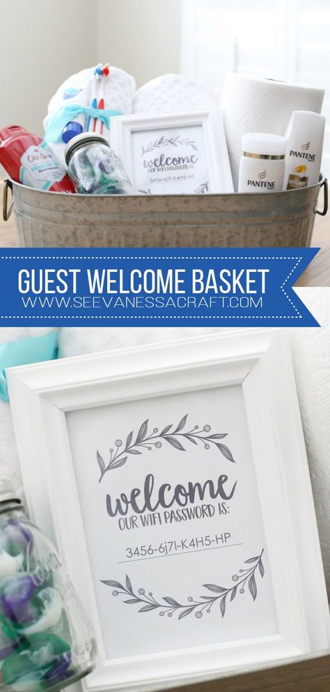 Houseguest Welcome Basket Guest Bedrooms, Guest Bedroom Welcome Basket Casual, Guest Room Baskets Welcome, Airbnb Fuest Welcome Basket, Guest Visiting Basket, Bedroom Basket, Guest Room Baskets, Guest Welcome Baskets, Wifi Password Printable