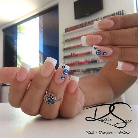 Evil Eye Nails Short, Nail Art Design 2023, Turkey Nails, Nail White, Evil Eye Nails, Aqua Nails, 2023 Nails, Nails Art Designs, Eye Nail Art