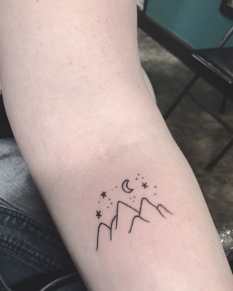 Mountain tattoo with stars Shining Star Tattoo, Tattoo With Stars, Norway Tattoo, Small Mountain Tattoo, Berg Tattoo, Moon Star Tattoo, Mountain Tattoos, Stars Tattoo, Simple Tattoo Designs