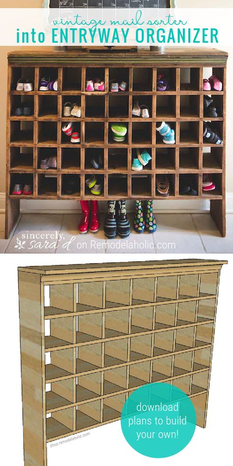 DIY Shoe Cubby Woodworking Plans - Build this tall narrow cubby shelf for shoes and other items in the entryway. Inspired by a vintage mail sorter, this DIY wood shoe cubby has 35 shoe organizers to hold all your footwear (and boots tuck neatly underneath!) Get the woodworking plans from HerToolbelt for Remodelaholic.com. #remodelaholic #woodworkingplans #beginnerwoodworking #shoeorganizer #shoecubby #diycubby #entrywayorganization Diy Shoe Cupboard, Diy Shoe Shelf Entryway, Shoe Cubby Plans, Homemade Shoe Storage, Shoe Rack Diy Wood, Garage Shoe Storage Wall Shelves, Diy Wooden Shoe Storage, Shoe Cubby Ideas, Shoe Cubby Diy