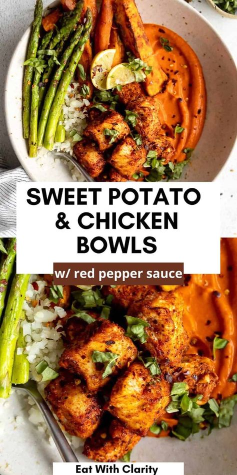 These sweet potato chicken bowls are easy to make, perfect for meal prep and paleo friendly. These meal prep chicken bowls are high protein and featured a simple roasted red pepper sauce. This meal prep chicken is a family favorite gluten free dinner recipe! Chicken Bowls With Sweet Potatoes, Red Potatoes Meal Prep, Fall Sweet Potato Recipes Dinner, Buddha Bowls Recipe Chicken, Sweet Potato And Chicken Meal Prep, Sweet Potato Healthy Dinner, Chicken Sweet Potato Rice Bowl, Healthy Sweet Potato Bowl Recipes, Chicken Thigh And Sweet Potato