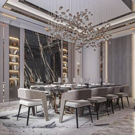 Fall in love with the details of this luxurious dining room. Nasak Internacional selected the Galea II dining chairs, the Apotheosis dining table, the Majestic wall light mirror, the Suspicion console, and the Gala torch wall lamps to elevate the space. Which piece caught your eye the most? Let the inspiration flow and discover LUXXU´s luxurious world | Link in bio 🔗 #lifestylebyluxxu #interiordesign #diningroom #diningroomdesign #luxuryinteriordesign #design #homedecor #luxuryinteriors #lu... Vip Restaurant, Bungalow Interior Design, Luxury Dining Room Decor, Classic Home Design, Oval Tables, Interior Lighting Ideas, Bungalow Interior, Renovation House, Luxxu Modern Design Living