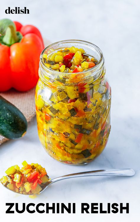 Meet our new FAVORITE condiment. Get the recipe from Delish.com. #zucchini #relish #recipe #howtomake #easy #homemade #spicy #canning #best Zucchini Relish Recipes Canning, Zucchini Dinner Ideas, Zucchini Relish Recipes, Canning Zucchini, Recipes Sauces, Zucchini Relish, Pickle Recipes, Relish Recipe, Canning Ideas