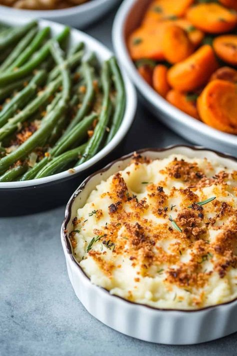 A close-up shot of three Thanksgiving side dishes. In the foreground is a dish of creamy mashed potatoes topped with crispy breadcrumbs and fresh herbs. To the left, green beans are roasted with a golden breadcrumb topping, while roasted sweet potato slices in the background are vibrant and caramelized. These dishes showcase the warm, comforting flavors of a holiday feast. Roasted Sweet Potato Slices, Creamy Corn Bread, Crockpot Green Beans, Green Bean Casserole Crock Pot, Bacon Wrapped Green Beans, Cheesy Ranch Potatoes, Creamy Mashed Cauliflower, Breadcrumb Topping, Delicious Side Dishes