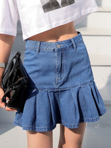 DAZY Solid Pleated Hem Denim Skirt | SHEIN USA Denim Pleated Skirt, Denim Skirt Women, Double Denim, Denim Skirts, School Outfits, Sewing Tutorials, Pleated Skirt, Denim Skirt, Short Dresses