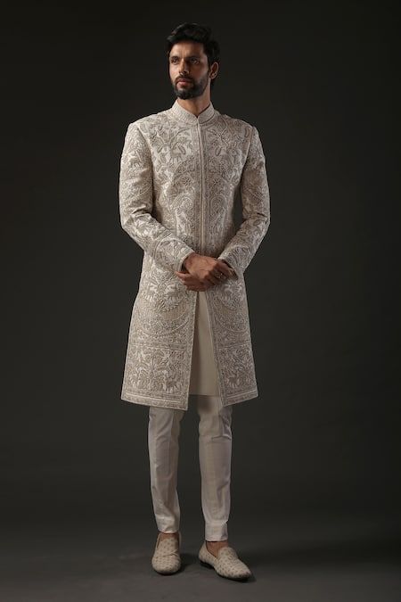 Embroidered Sherwani For Men, Sherwani Pattern For Men, Ivory Sherwani Grooms, Sherwani For Men Wedding Royals, Groom Indian Wedding Outfits, Traditional Indian Mens Clothing, Grooms Outfit, Groom Sherwani, Sherwani For Men Wedding