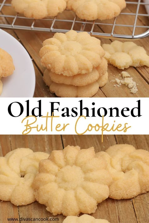 Buttery, crispy, melt-in-your-mouth goodness! Nothing like old-fashioned butter cookies! Betcha can’t eat just one! Crisco Shortening Cookies, Vanilla Butter Cookies Recipe, Crispy Butter Cookies Recipe, Old School Butter Cookies, Assorted Cookies Recipe, Salerno Butter Cookies Recipe, Amish Butter Cookies, Old Fashioned Butter Cookies, Vanilla Butter Cookies