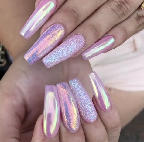 Homecoming Updos, Pink Holographic Nails, Lilac Nails, Mirror Nails, Lavender Nails, Unicorn Nails, Purple Nail, Her Nails, Sparkly Nails