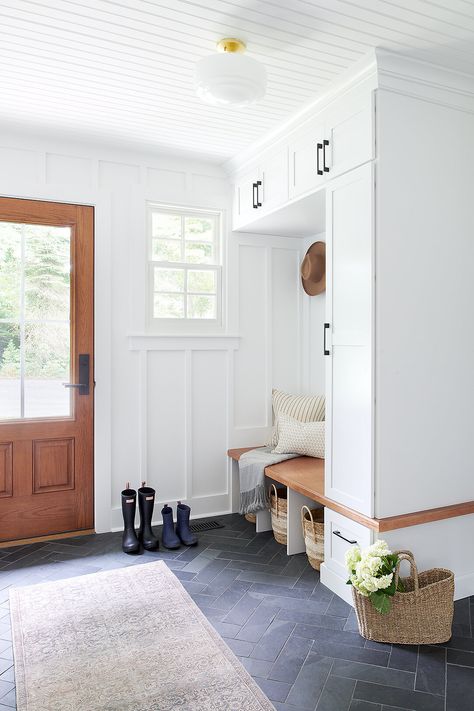 Mudroom Remodel, Grey Interiors, Mudroom Entryway, Faux Wood Beams, Cape Cod Style, Small Entryways, Mudroom Design, Slate Flooring, Rooms Reveal