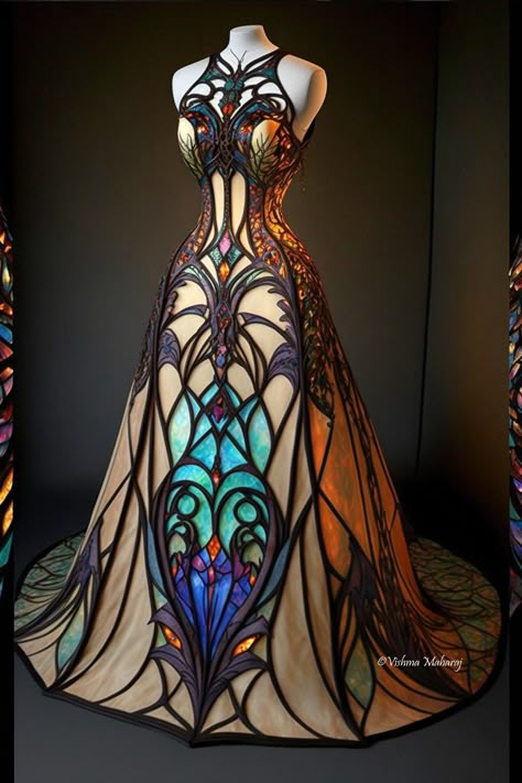 Stained Glass Gown by Vishma Maharaj Vishma Maharaj Fairy, Vishma Maharaj Gowns, Stained Glass Shoes, Stained Glass Gown, Cathedral Inspired Fashion, Stain Glass Dress, Stained Glass Character Design, Stained Glass Costume, Stained Glass Clothes