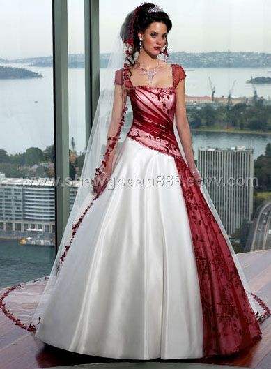 Red And White Wedding Dress, Red White Wedding Dress, White And Red Wedding, Red And White Wedding, Draped Wedding Dress, Red And White Weddings, Red Wedding Dress, Discount Wedding Dresses, Wedding Dress Cap Sleeves