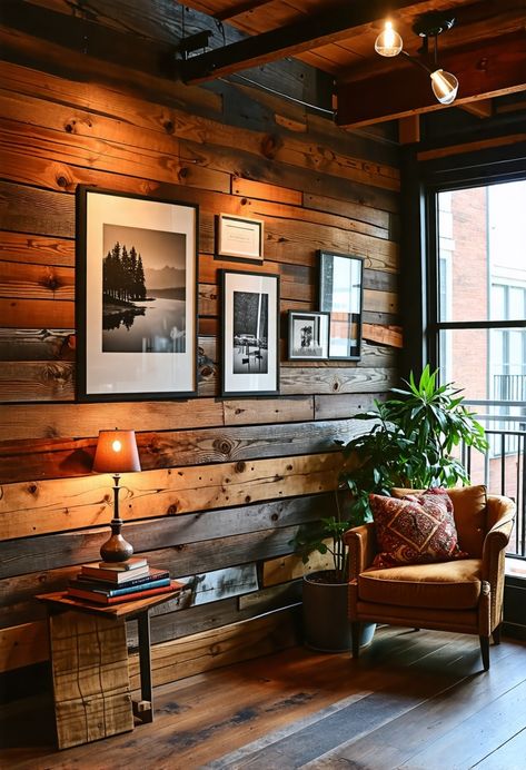 Timber Interior Wall, Wood Plant Accent Wall, Wall Flooring Ideas, Pallet Board Accent Wall, Log Cabin Look Interior Walls, Wood Panel Room Decor, Cedar Siding Interior Walls, Log Siding Interior Walls, Wood Paneling Living Room Ideas