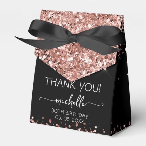 Elegant Modern Girly Rose Gold Glitter Monogram Name Personalized 30th (or any age) birthday Thank You Favor Box. This design featuring your first name in a pretty hand lettered style swash tail font signature typography (or calligraphy) above faux rose gold glitter on black background. Great for handing out, gifts, guest gifts and treats during an upcoming birthday party, sweet 16 birthday, baby shower, BBQ, bridal shower, wedding reception, bachelorette party, anniversary and more. #affiliate Rose Gold And Black Decorations Birthday, Black Silver And Rose Gold Party, Rose Gold And Black Party Theme Ideas, Rose Gold And Black Birthday Party, Pink And Black Sweet 16 Party Ideas, Rose Gold Themed Birthday Party Ideas, Black And Rose Gold Party Decorations, Rose Gold And Black Party Theme, Rose Gold And Black Wedding Theme