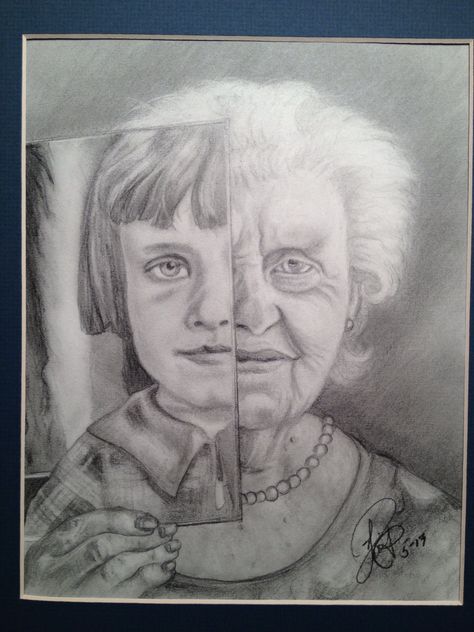 Old woman holding a photo of her younger self Aging Drawing Reference, Identity Drawing Ideas, Fear Of Growing Up Art, Art About Aging, Art About Growing Up, Younger Self Art, Older Woman Drawing, Ageing Art, Growing Up Drawing