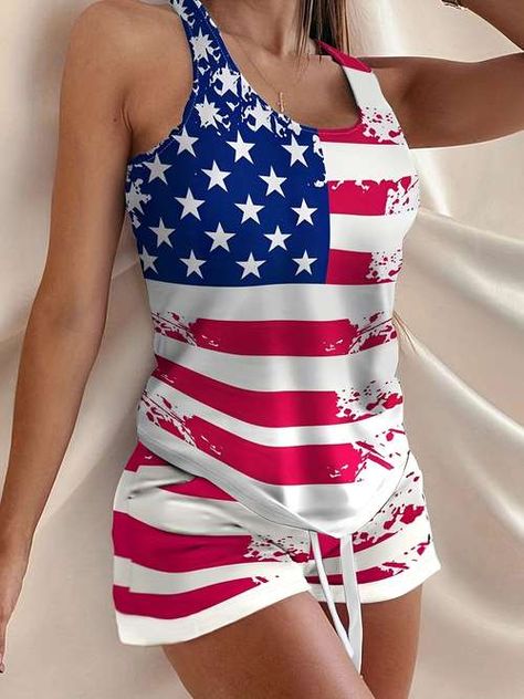 American Flag Shorts, Womens Pajama Shorts, Drawstring Waist Shorts, American Flag Print, Print Tank Top, Print Pajamas, Pajama Set Women, Short Pajama Set, Print Tank