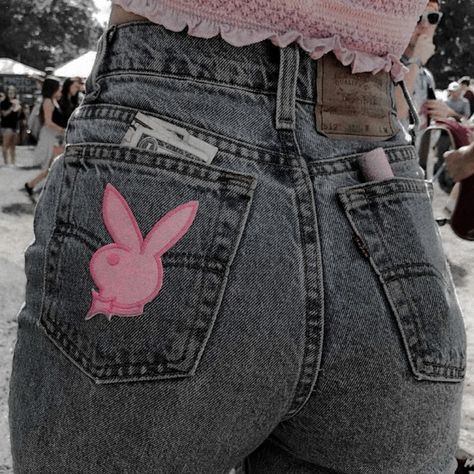 Y2k Embroidered Jeans, Y2k Pink Denim Bottoms, Girl Joker, Chrome Hearts Jeans Aesthetic, Playboy Bunny Jeans, Paris Hilton Low Waisted Jeans, Playboy Playmates, Playboy Bunny, Y2k Aesthetic