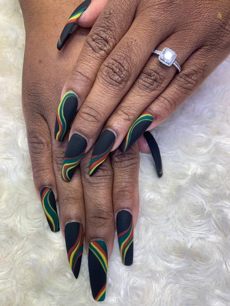 African Nails Design, African Themed Nails Art Designs, Jamaican Theme Nails, Jamaican Color Nails, Rasta Nail Designs Reggae, Reggae Nails Designs, Jamaica Inspired Nails, Nails Jamaica, Rasta Nails Design