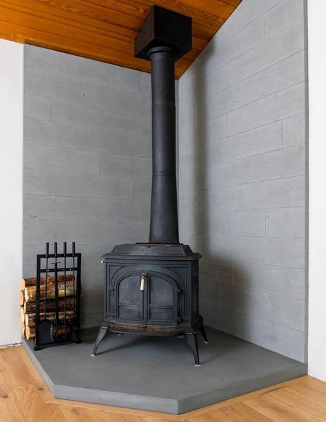 Concrete Hearth, Wood Burning Stove Corner, Concrete Fireplace Surround, Corner Wood Stove, Wood Stove Surround, Hearth Pad, Corner Stove, Wood Stove Wall, Stove Decor