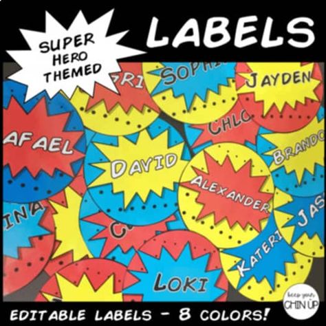 Editable Superhero Themed Name Tag Labels by Keep Your Chin Up | TPT Hero Classroom Theme, Superhero Class, Superhero Vbs, Superhero School, Superhero Classroom Theme, Superhero Classroom, Super Hero Theme, Keep Your Chin Up, Class Theme