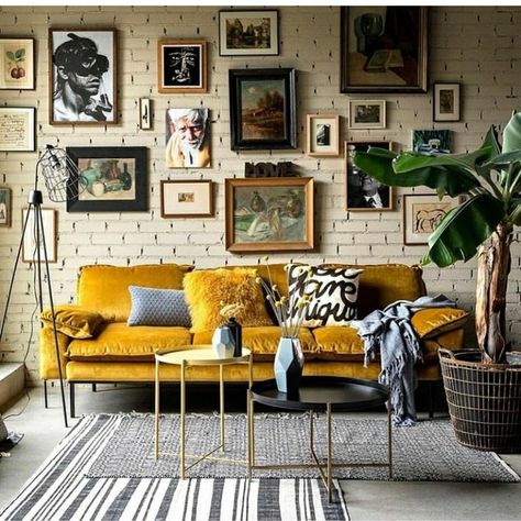 living room | home decor | industrial | modern | gallery wall | yellow sofa | white brick wall | indoor plants Apartment Storage, Yellow Sofa, Vintage Portrait, Design Salon, Colourful Living Room, Bohemian Living, Bohemian Living Room, Decoration Inspiration, Retro Home Decor